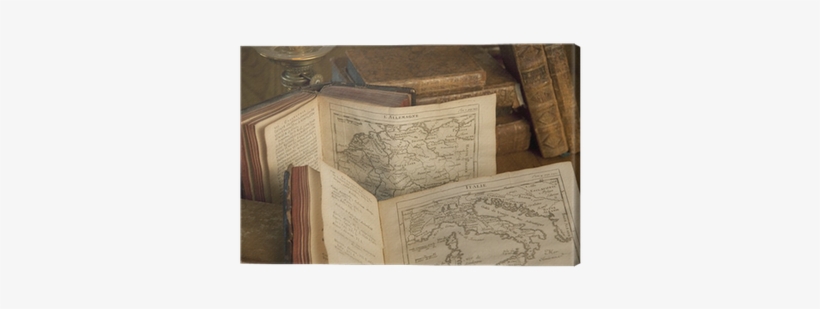 Vintage Books And Old Maps On A Wooden Table - Canvas, transparent png