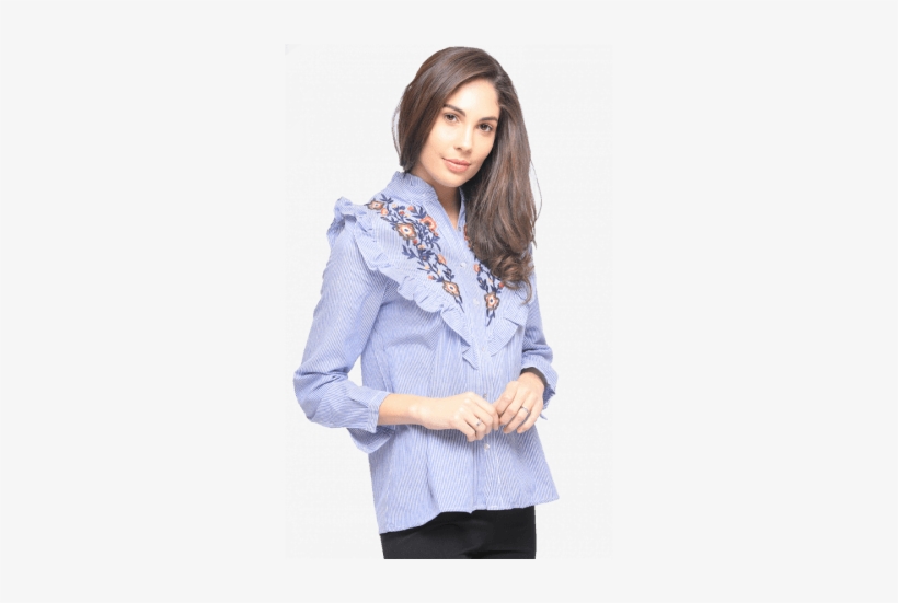Blue Vertical Striped Flower Embroidered Ruffle Shirt - Embroidered Ruffle Shirt, transparent png