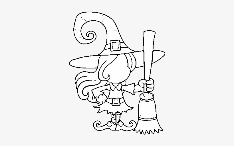 Witch With Broomstick Coloring Page - Drawing, transparent png