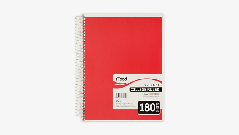 Meadâ® Spiralâ® 5 Subject Notebook, 180 College Ruled - Red 5 Subject Notebook, transparent png