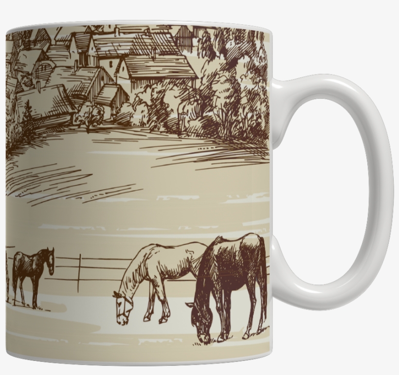 Horses At Pasture Vintage Drawing Coffee Mug - Illustration, transparent png