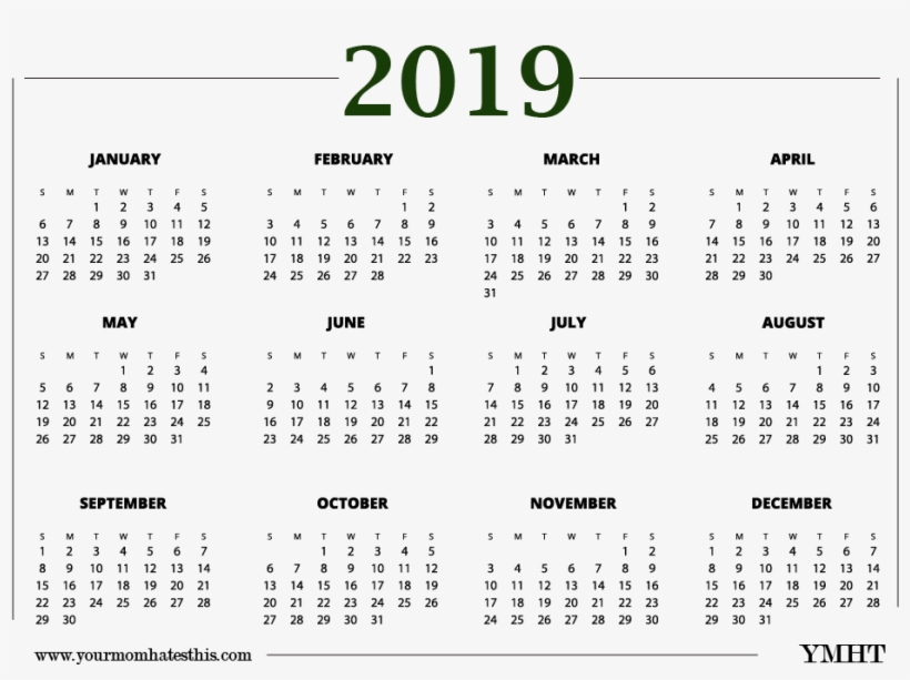 2019 Calendar Transparent Green Design - Printable 2019 One Page Calendar, transparent png