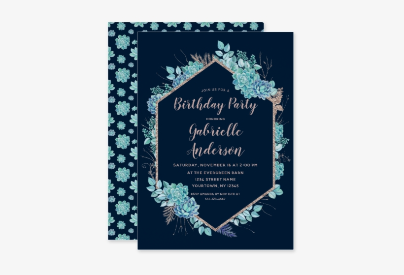 Blue & Aqua Watercolor Succulents Rose Gold Foil Frame - Wedding Invitation, transparent png