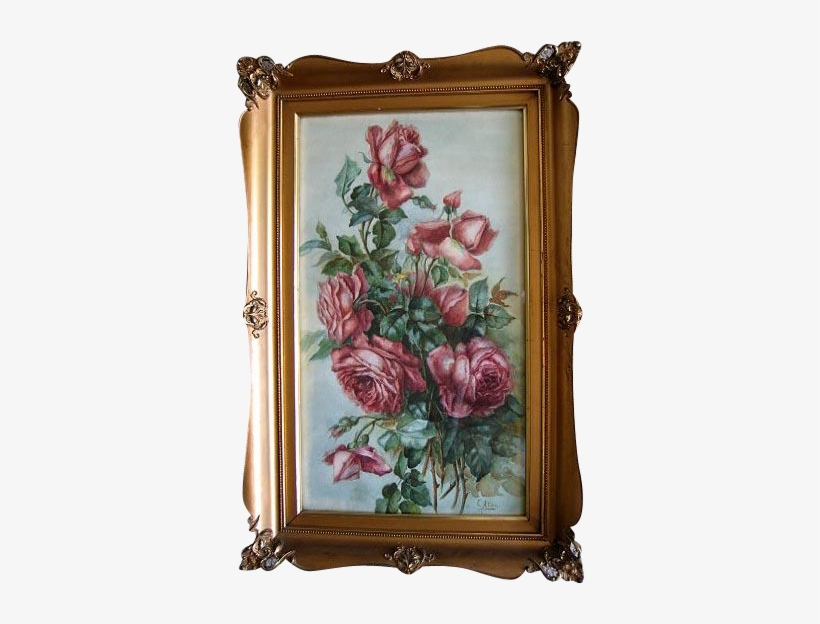 Antique Cabbage Roses Watercolor Painting Signed Fancy - Picture Frame, transparent png