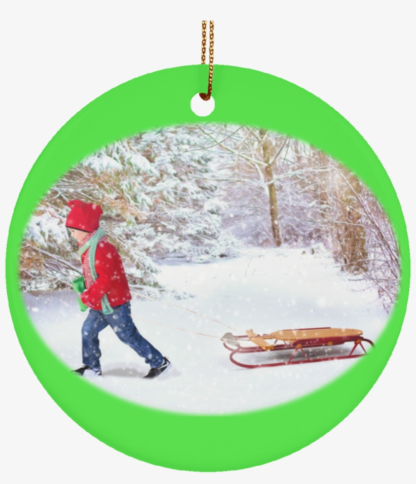 Winter Scene Child And Sleigh Ceramic Christmas Ornament - Sled Snow Background, transparent png