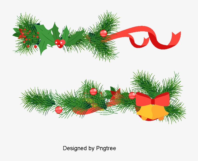 Christmas Bells And Pine Branches, Vector, Cartoon, - Portable Network Graphics, transparent png