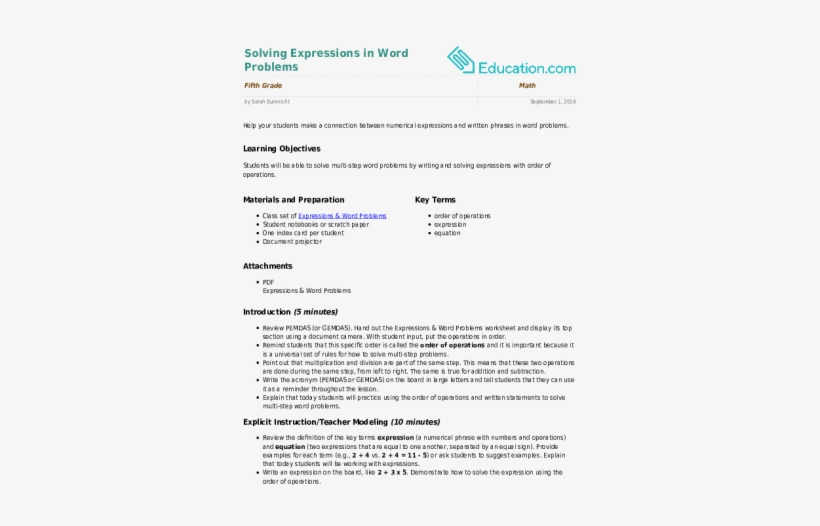 Order Of Operations And Use Of Parentheses Lesson Plans - Level Reading For 2nd Grade, transparent png