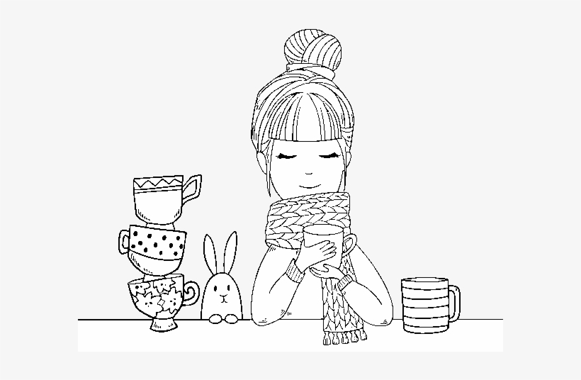 Dibujo De Chica Con Bufanda Y Taza De Té Para Colorear - Drawing, transparent png