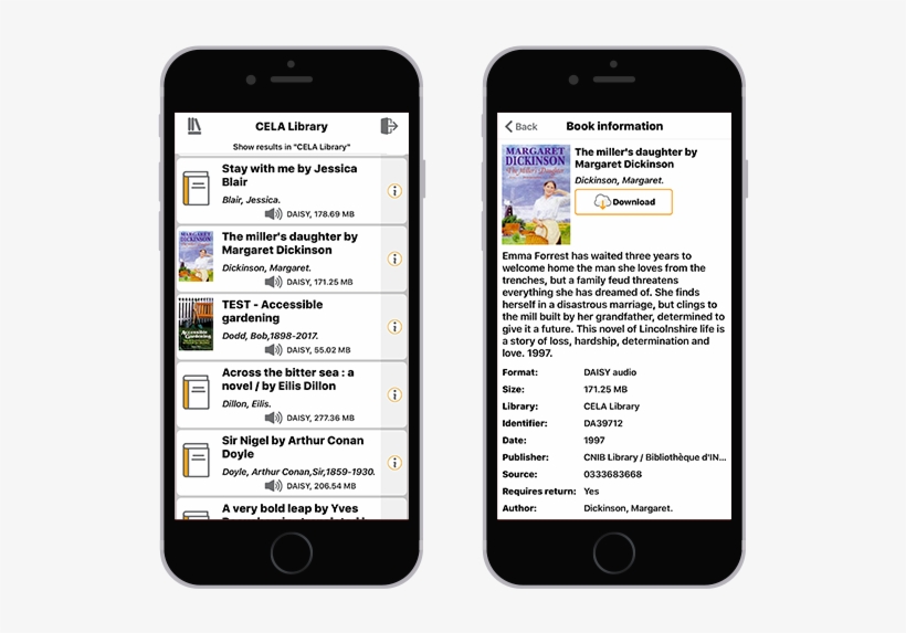 2 Iphones Showing A Sample List Of Books In The Cela - Book, transparent png