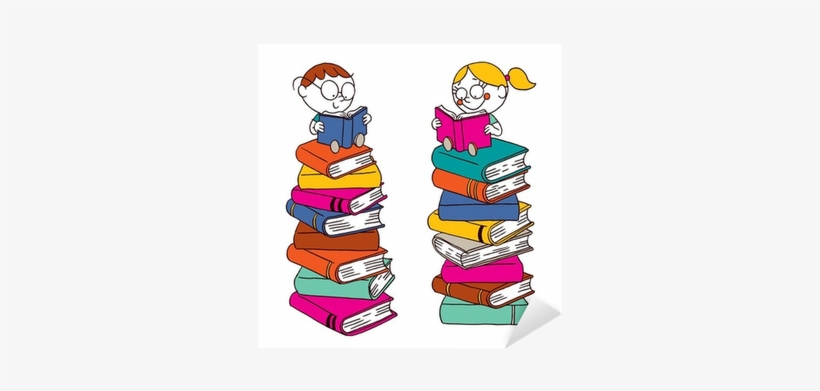 Kids Reading On A Big Pile Of Books Sticker • Pixers® - Pile Of Reading Books, transparent png