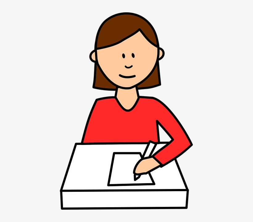 Cartoony Girl At Her Desk, Writing On A Piece Of Paper - Raise Hand Clipart Black And White, transparent png