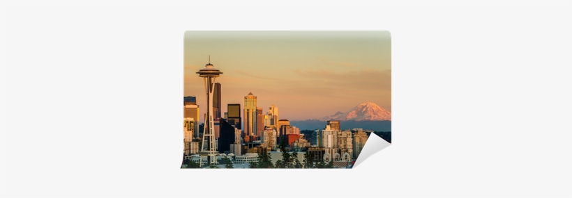 Sunset Over Seattle And Mount Rainier Wall Mural • - Poster: Washington- Seattle Skyline, 12x24in., transparent png