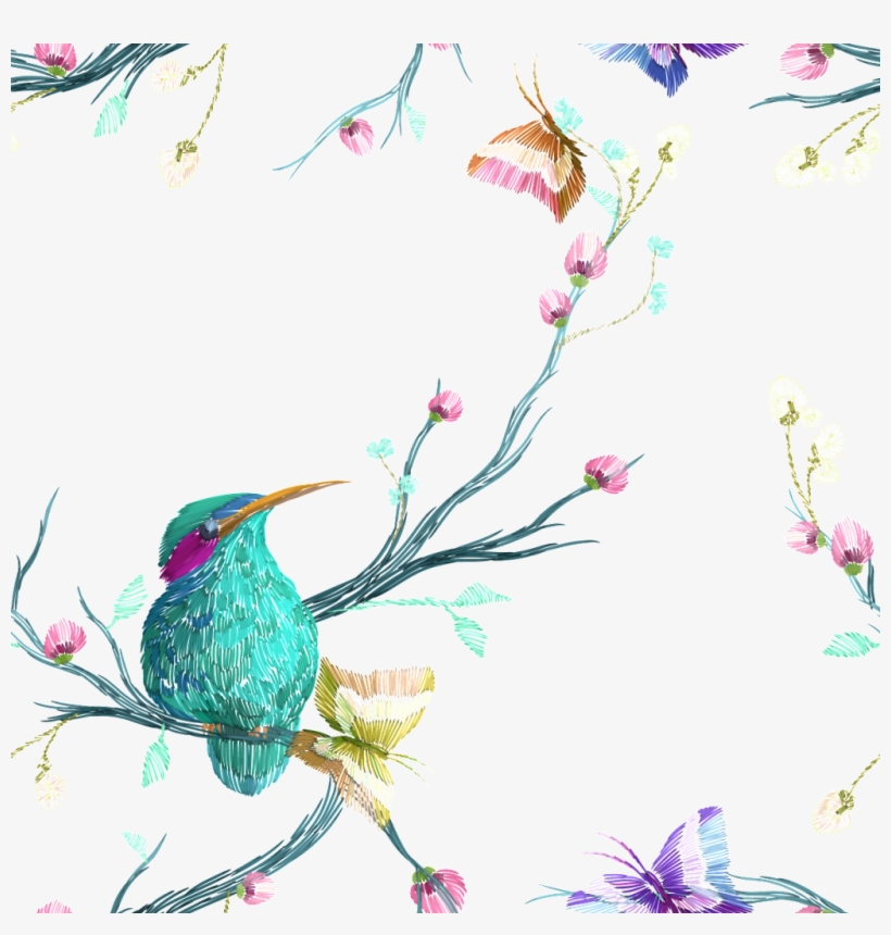 Colorful Flowers And Birds Vector - Painted Birds And Flowers On White Background, transparent png