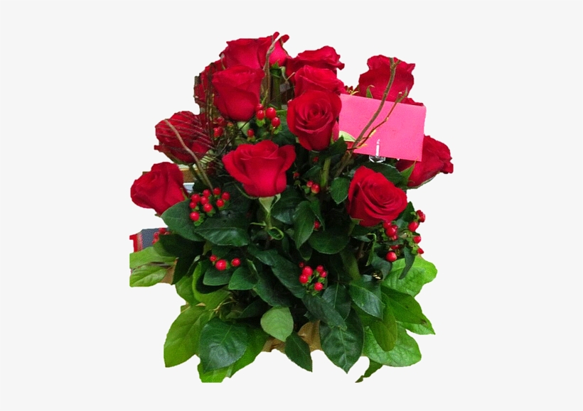 Two Red Roses In A Tall Vase With Greens And Baby Breath - Garden Roses, transparent png