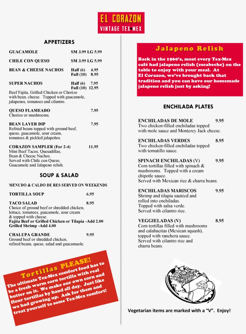 El Corazon De Tejas Menu - Menu, transparent png