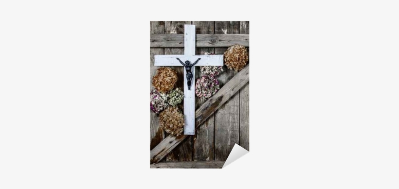 Wooden Cross And White Hydrangea Flower On The Background - Krzyż Biały Na Ścianę, transparent png