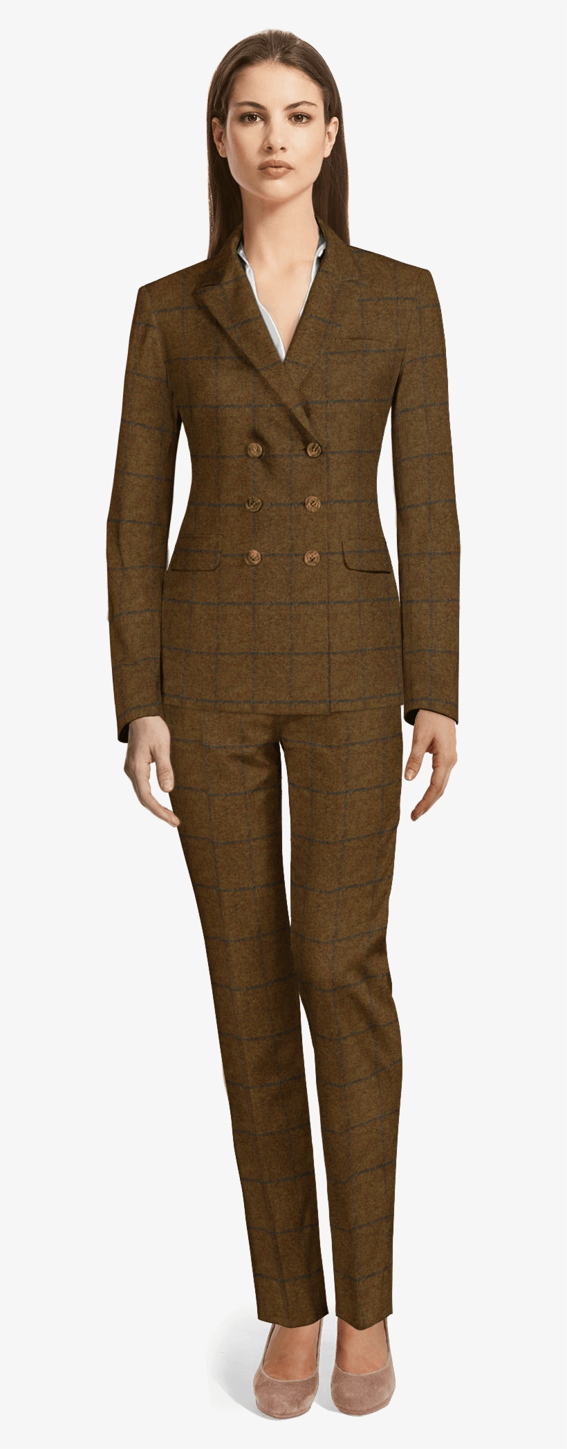 Brown Double Breasted Checked Tweed Pant Suit - Red Velvet Suit Women's, transparent png