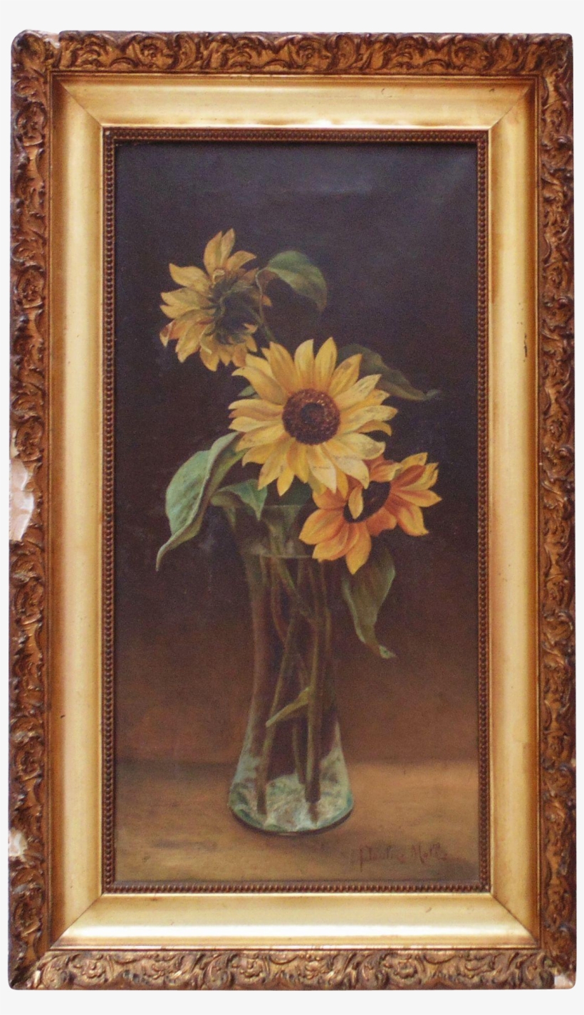 Antique 19c Sunflowers Oil Painting Flowers Floral, transparent png