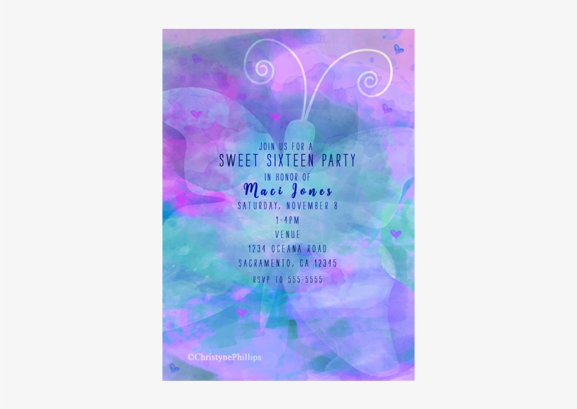 Pastel Watercolor Butterfly Birthday Party Invitations - Heart, transparent png