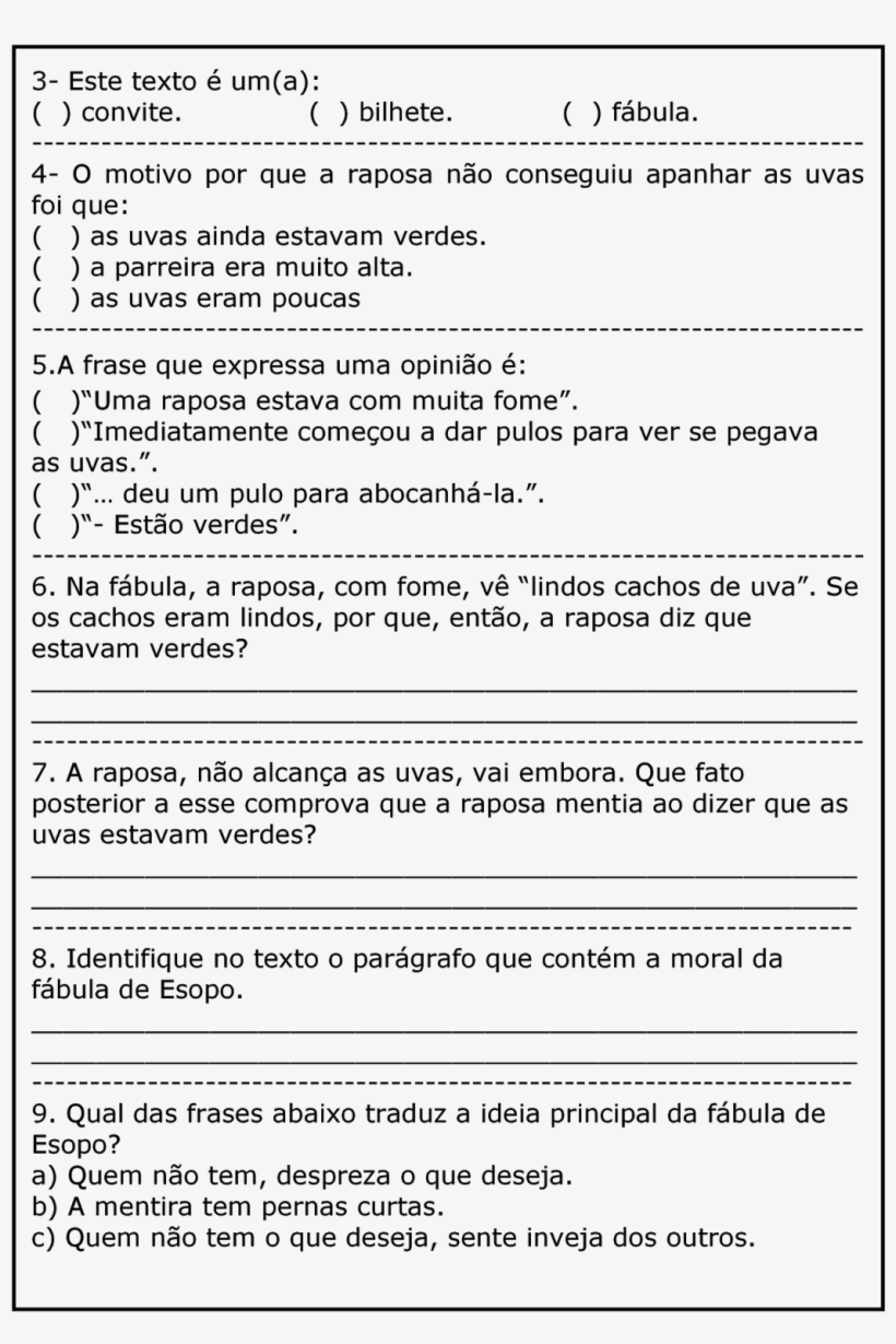 Texto A Raposa E As Uvas Com Atividades - Leitura E Compreensão De Textos, transparent png