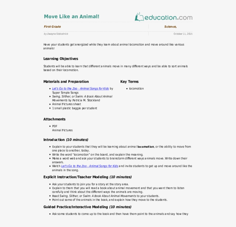 Move Like An Animal - 5th Grade Science Lesson Plans, transparent png