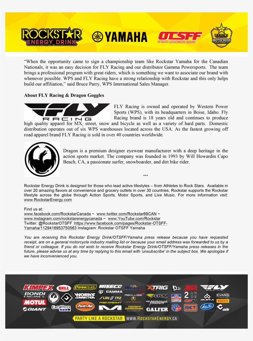 Rockstar Energy Otsff Yamaha Press Release-2 - Racing Press Release, transparent png