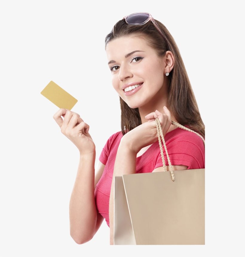 Happy Young Woman Holding Shopping Bags And Visa Credit - Woman Holding Card Png, transparent png