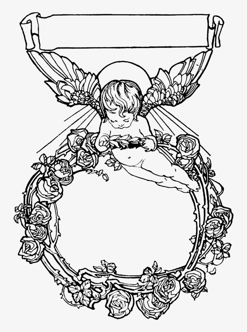 Cherub Rose Wreath Ex Libris - Free Download Angel Wings Frame, transparent png