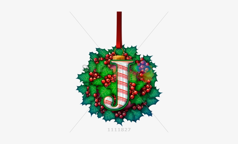 Stock Photo Of 3d Vector Candy Cane J On Holly Leaves - Christmas Ornament, transparent png