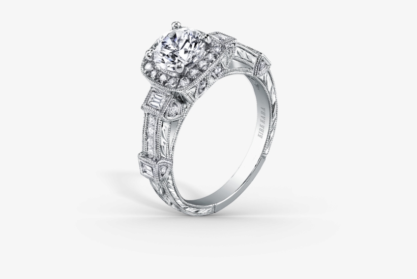 Carmella, Most Prized Creations Platinum Engagement - Kirk Kara Carmella Cushion Halo Baguette Station Blue, transparent png