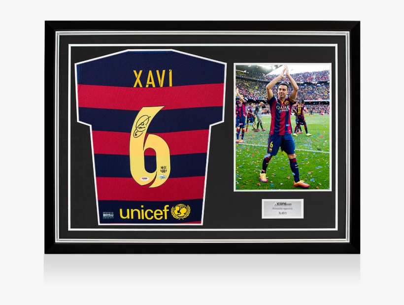 Framed Lionel Messi Autograph Replica Print - Xavi Hernandez Autographed Barcelona Soccer Jersey, transparent png