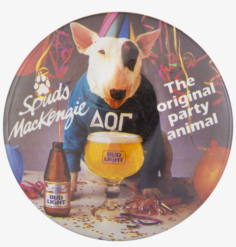 Bud Light Spuds Mackenzie Party Animal Beer Button - Vintage 1980's Bud Light Spuds Mackenzie Party Animal, transparent png
