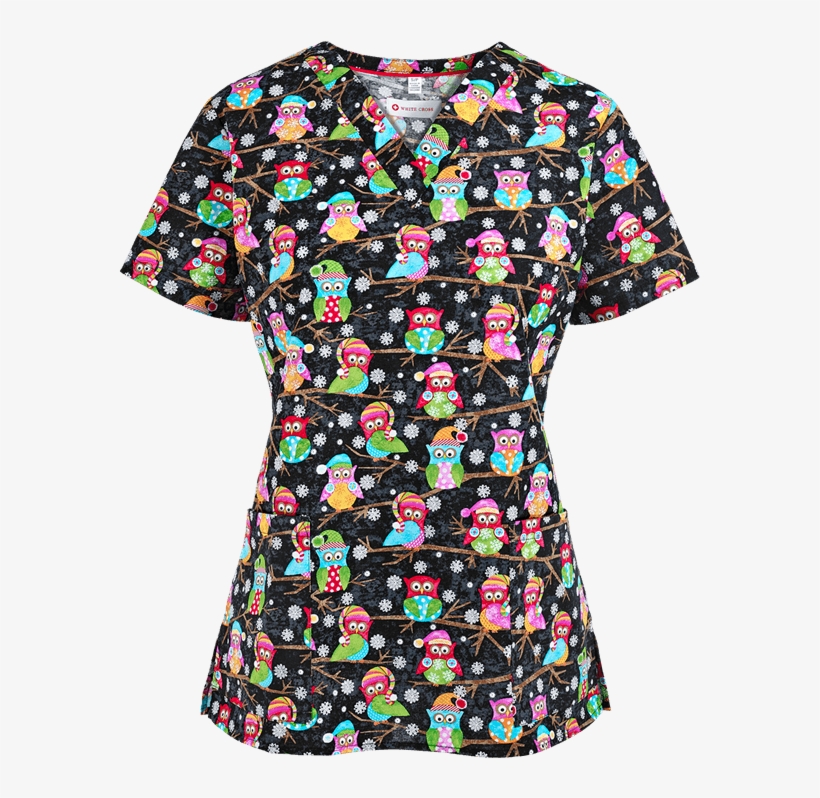 White Cross 617 Wtw Winter Owls Scrub Top, Animal Print - Dress, transparent png