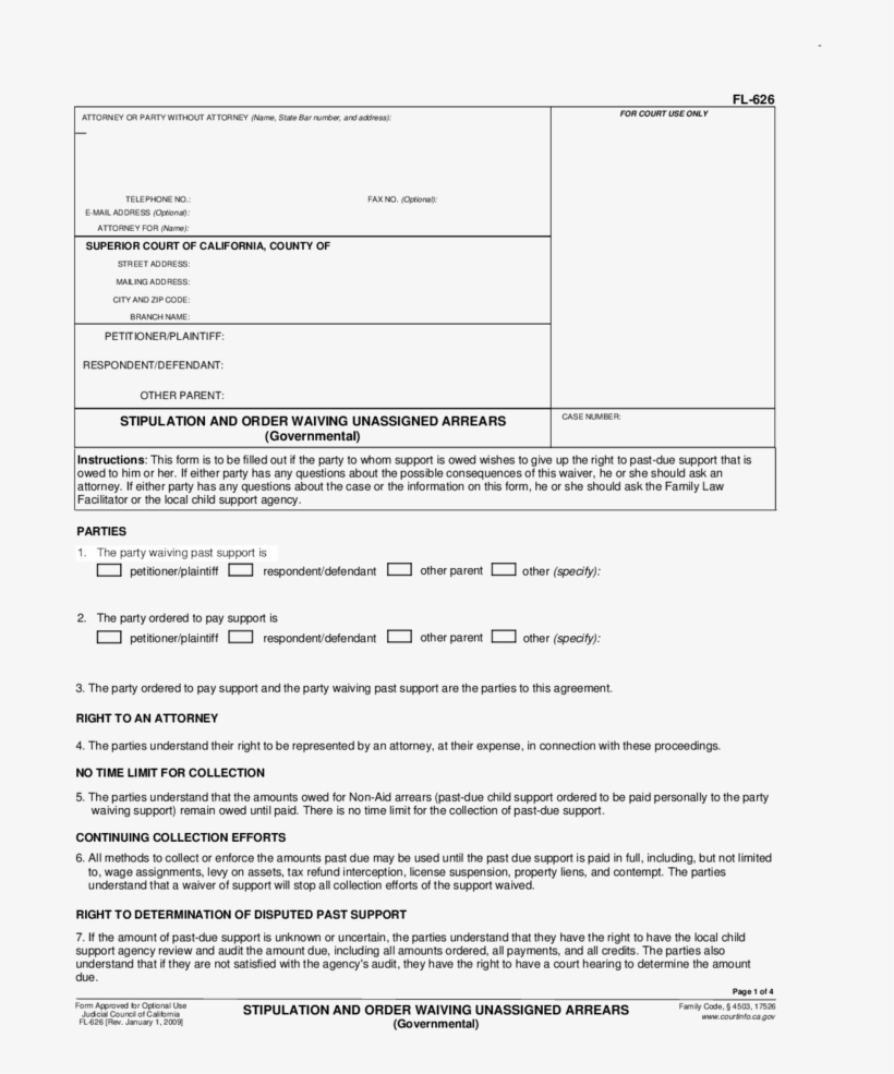 1 Fl-626 Stipulation And Order Waiving Unassigned Arrears - Waiver Of Child Support Arrears, transparent png
