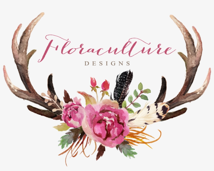 Deer Antler Flower Skull Clip Art - Watercolor Antlers And Flowers, transparent png