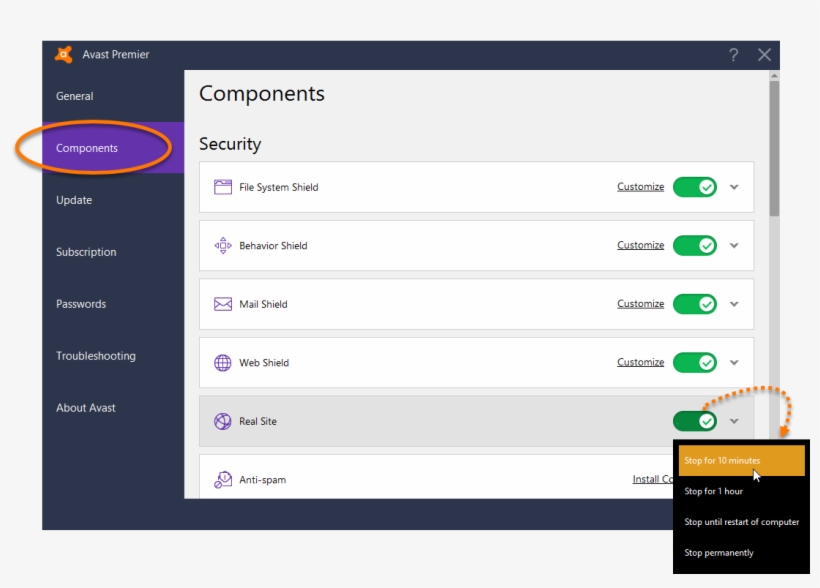 Selecione Componentes E Depois Clique No Controle Deslizante - Avast Secure Dns, transparent png
