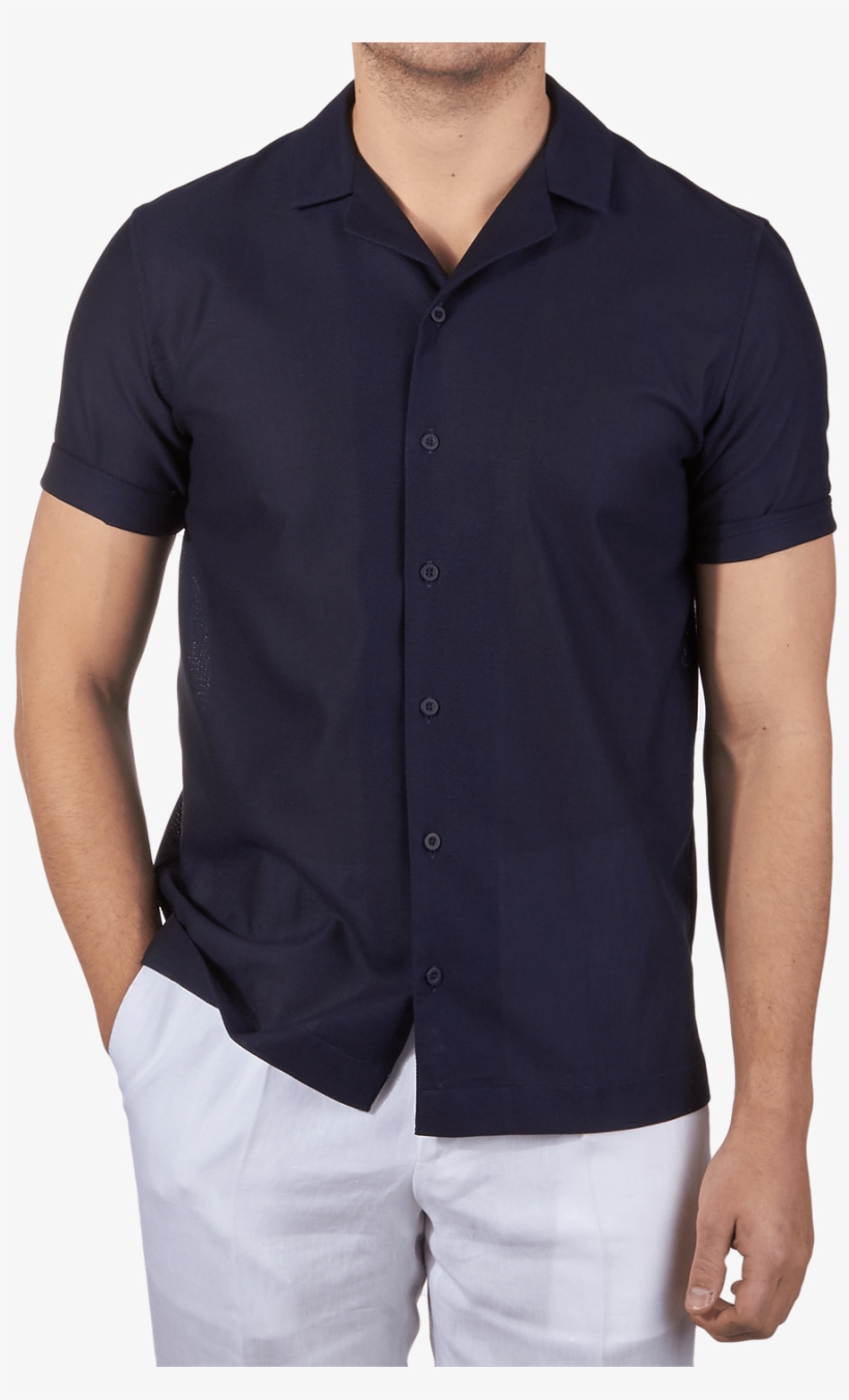 Sunspel Navy Short Sleeve Jersey Polo Shirt Front - Navy Camp Collar Shirt, transparent png
