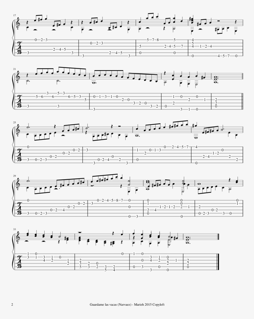 Guardame Las Vacas Sheet Music Composed By Luys De - Sheet Music, transparent png