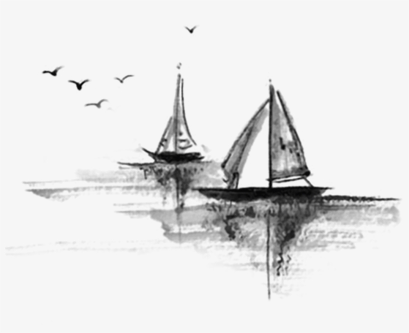 Ink Wash Painting Ink Brush Watercolor Painting Landscape - Boat Watercolor Png, transparent png