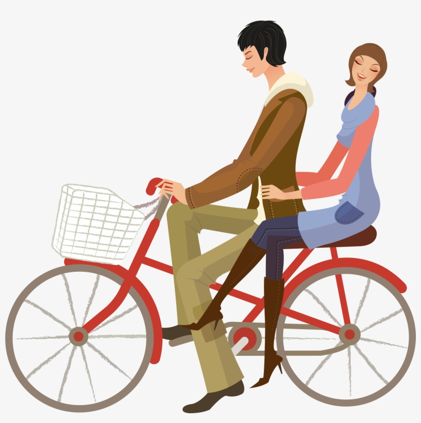 Hand Drawn Cartoon Couple Cycling Decoration Vector - Lovers In Bike Vector Png, transparent png