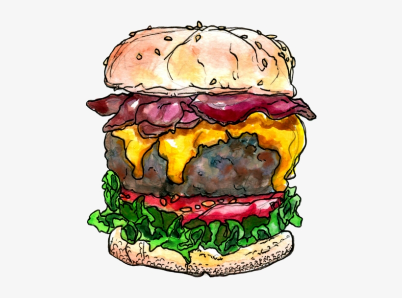 Bacon Cheeseburger Watercolor And Pen - Bacon Burger Drawing, transparent png