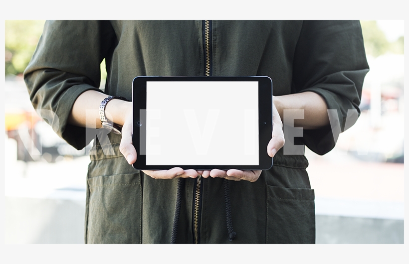 Black Ipad Mockup Woman Olive Green Jacket - J J Marketing Services, transparent png