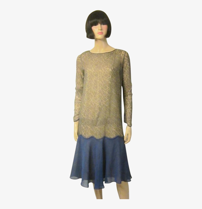 1920's Cobalt Blue Chiffon Dress With Gold Metallic - Day Dress, transparent png