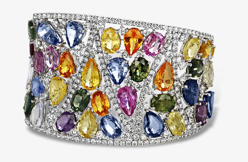 Multi-color Sapphire Diamond Cuff Bracelet - Multi Colored Sapphire Bracelet, transparent png