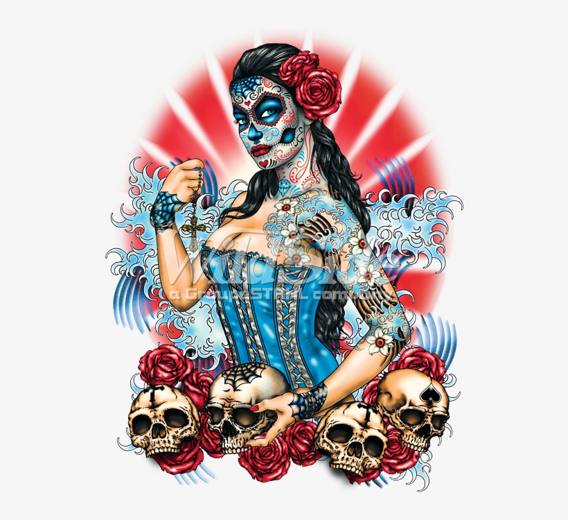 Day Of The Dead Pinup With Skulls And Roses, transparent png