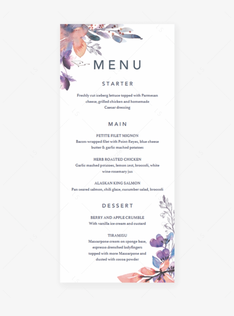 Diy Menu Card Template With Watercolor Flowers By Littlesizzle - Wedding, transparent png