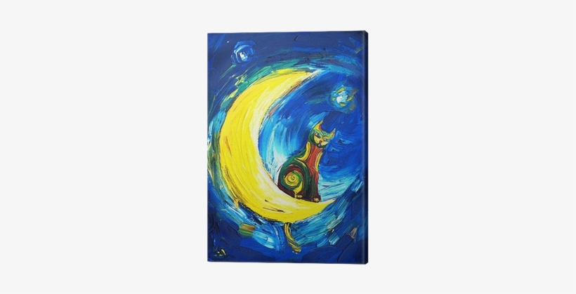 Colored Cat Sitting On A Crescent Moon Canvas Print - Gatos Con Luna Creciente, transparent png
