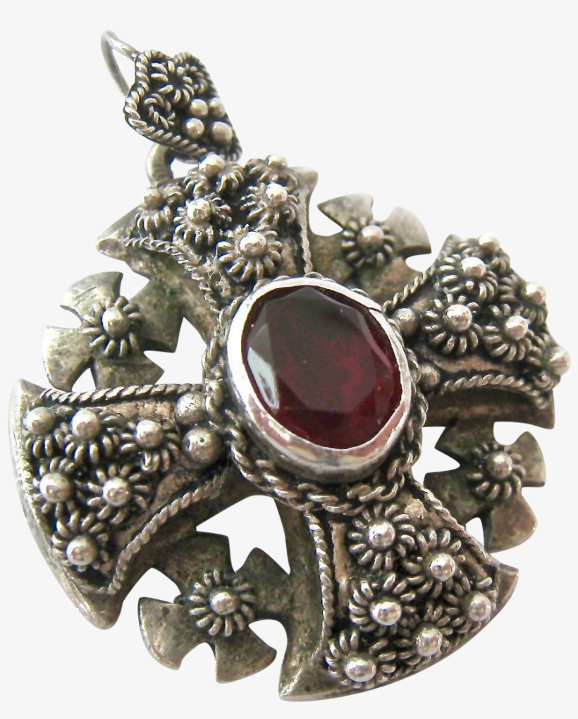 950 Silver And Garnet Jerusalem Cross Pendant From - Silver, transparent png