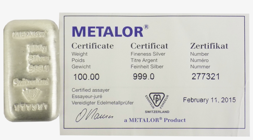 This Metalor 100g Silver Cast Bar Depicts The Weight, - Metalor, transparent png