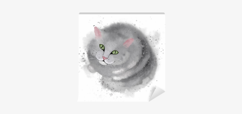 Grey Cute Cat Sitting And Smiling At You - Watercolor Painting, transparent png